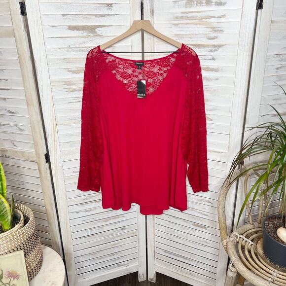TORRID PLUS 4X 26 Georgette V Neck Lace Sleeve Blouse Top Jester Red NWT Flawed - Picture 15 of 15